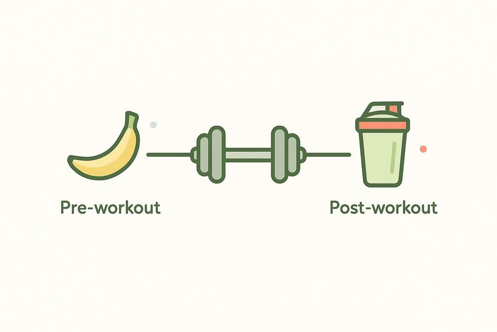 An illustration showing a banana labeled 'Pre-workout', a barbell, and a shaker bottle labeled 'Post-workout', indicating nutritional timing.