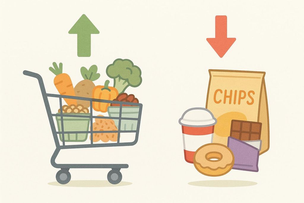 An illustration contrasting a shopping cart full of healthy vegetables (with an upward arrow) with a collection of unhealthy foods like chips, a donut, and chocolate (with a downward arrow), symbolizing the positive and negative impacts of dietary choices.