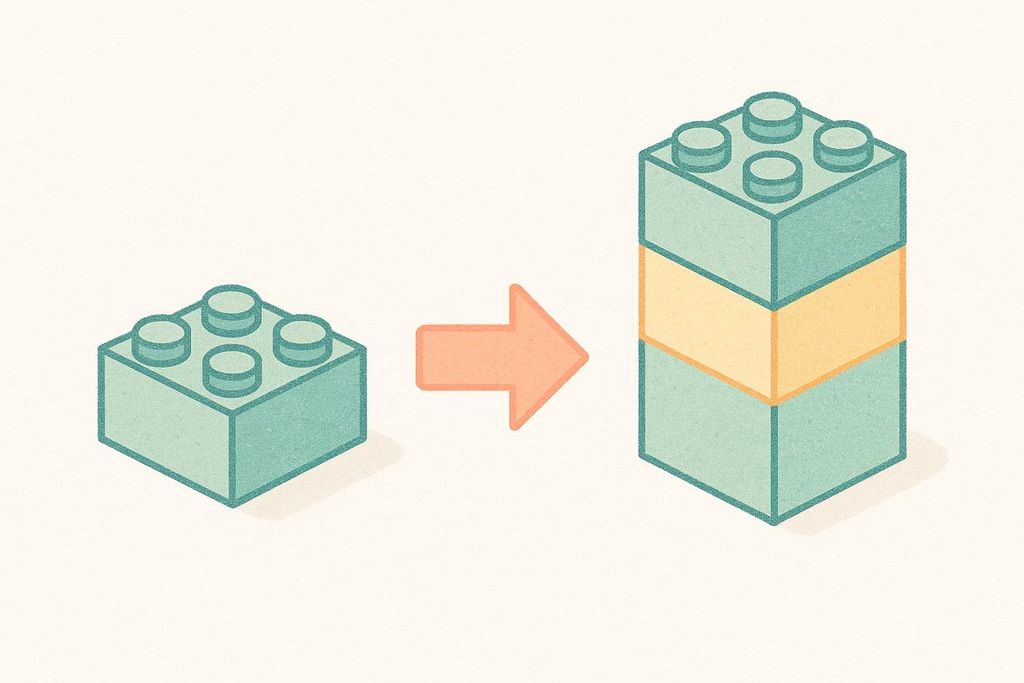 Illustration showing a single teal building block on the left, an orange arrow pointing right, and on the right, a stack of three building blocks, two teal and one yellow in the middle. This represents how individual workout components can stack to form overall workout volume.