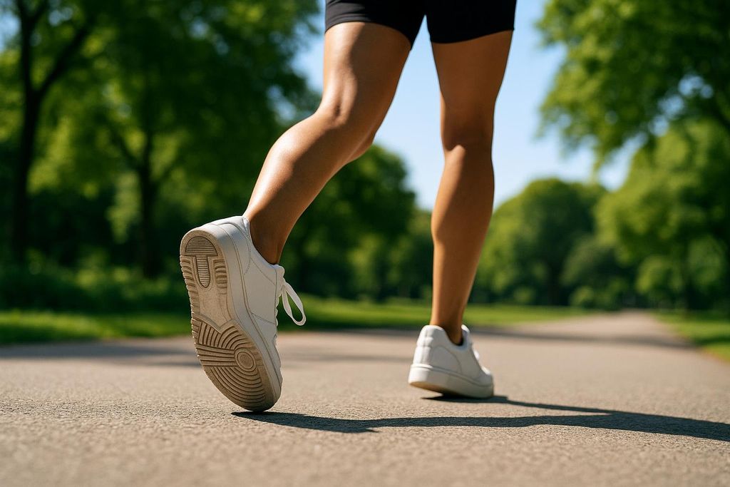 Low-angle shot of a person's legs and feet walking forward on a paved path, with trees and grass in the background.