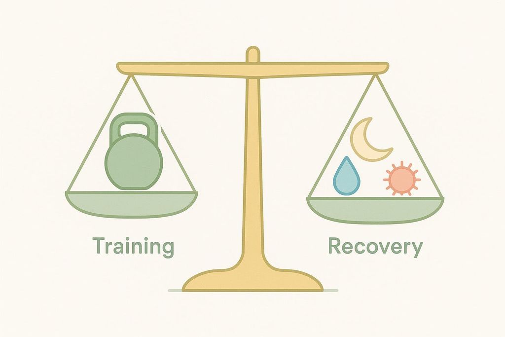 An illustration of a balanced scale, with a kettlebell representing 'Training' on the left and a moon (sleep), water drop (hydration), and radiating sun (vitality or rest) symbolizing 'Recovery' on the right.