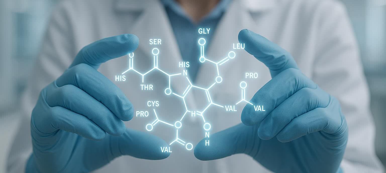 A close-up of a scientist in a lab coat and blue gloves, holding a glowing, holographic white model of a complex peptide molecule structure. The structure includes labels like GLY, LEU, HIS, THR, CYS, PRO, and VAL, representing amino acids.