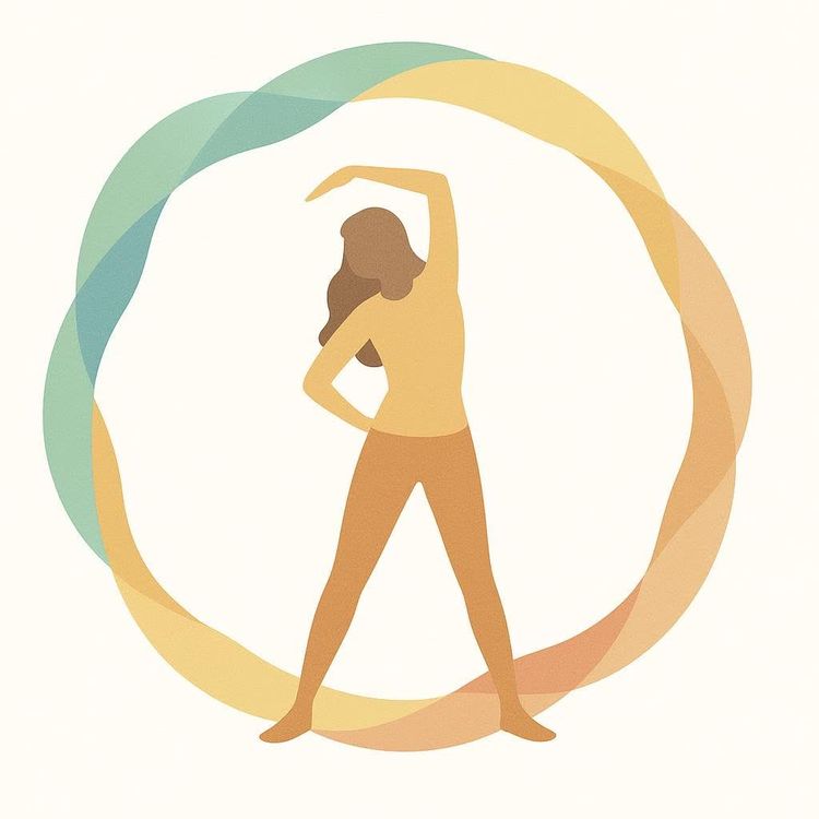 An illustration of a female figure stretching, arm raised overhead, enclosed within a flowing, circular ribbon of teal, yellow, and orange hues. The figure is an abstract, faceless silhouette in shades of brown and tan, demonstrating a fitness or yoga pose.