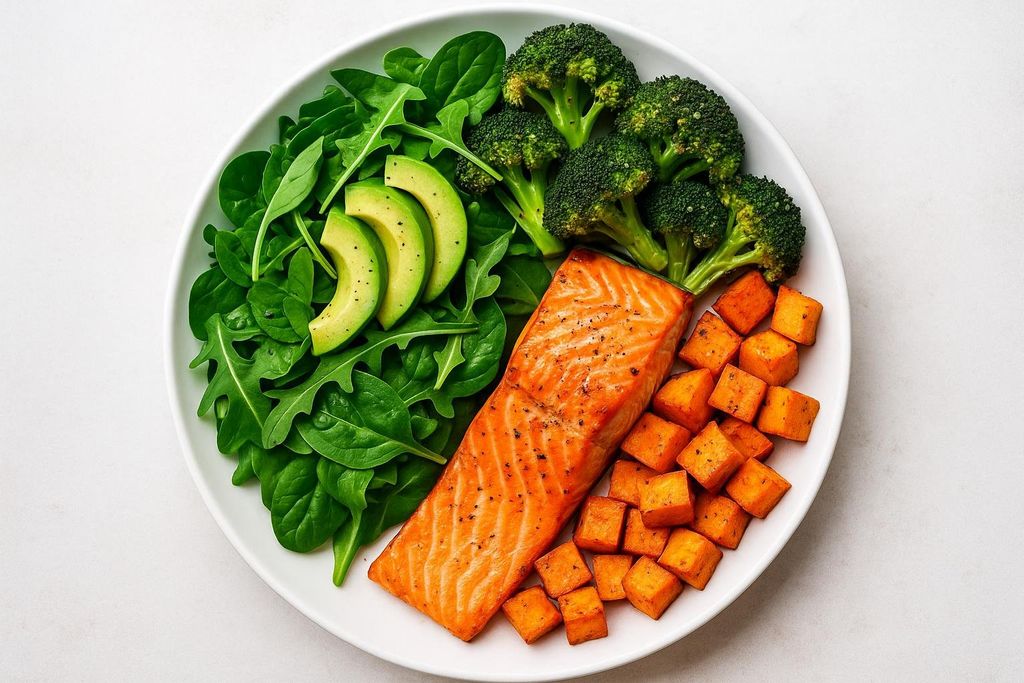 A white round plate is filled with a healthy, balanced meal of cooked salmon, roasted sweet potato cubes, steamed broccoli florets, and a mix of spinach and arugula greens topped with avocado slices.