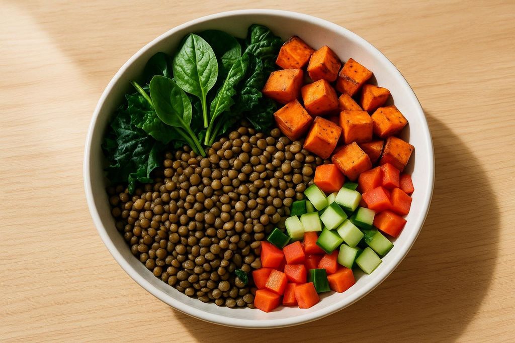 A nutritious grain bowl featuring firm green lentils, roasted sweet potato cubes, fresh spinach, diced carrots, and chopped cucumber.