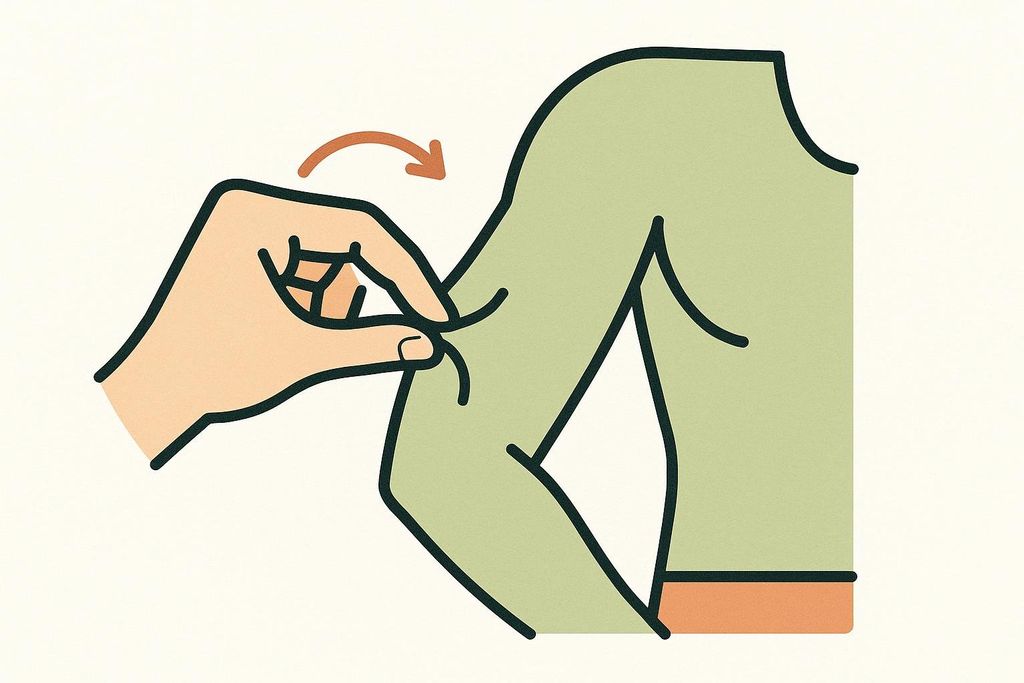 Vector illustration of a hand pinching skin on an upper arm to represent skinfold measurement. An orange arrow indicates the direction of pinching.