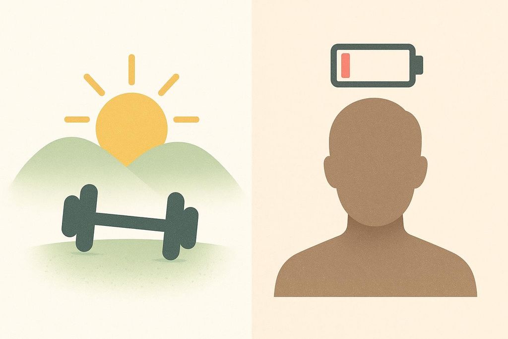A split illustration showing the pros and cons of fasted training. The left side depicts a sunrise over hills with a dumbbell, symbolizing the benefits. The right side shows a silhouette of a person with a low battery symbol above their head, representing the drawbacks.