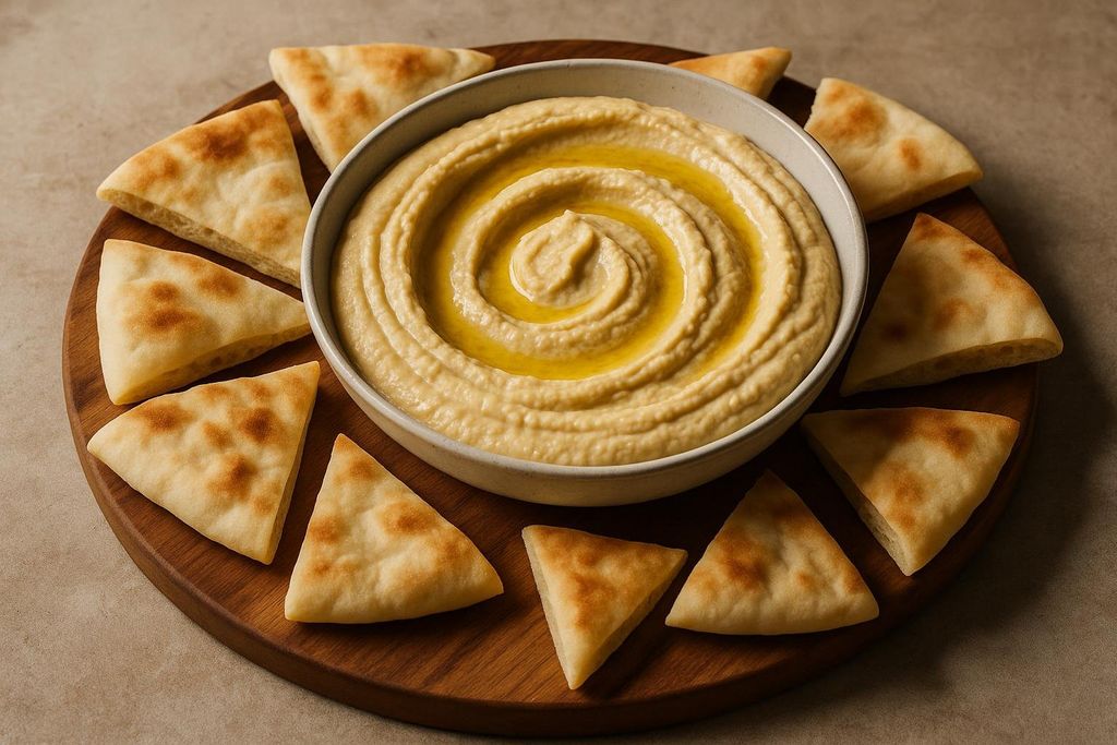 A white bowl of creamy hummus, drizzled with olive oil in a spiral pattern, sits on a wooden serving board. It is surrounded by triangles of warm, toasted pita bread.