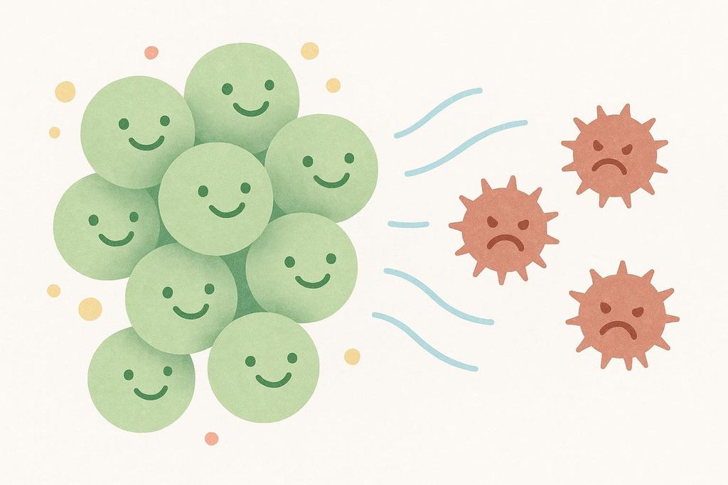 Illustration of friendly green probiotic bacteria crowding out unfriendly red bacteria, symbolizing a balanced gut microbiome.