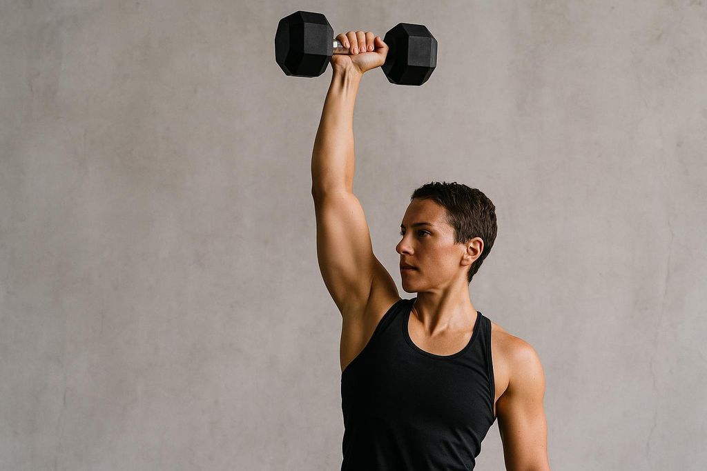 A woman with short brown hair, wearing a black tank top, performs a single-arm overhead press with a black dumbbell against a light grey background.