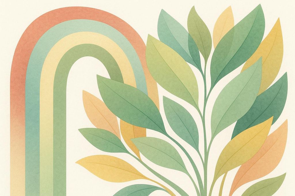 An abstract illustration featuring a rainbow on the left, with colors in muted tones of coral, teal, yellow, and green, partially obscured by a cluster of green and yellow leaves with a watercolor texture on the right.