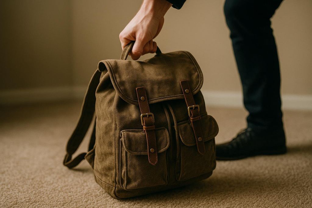 A person's hand holding the top handle of a small, heavy-looking olive green canvas backpack with leather straps and buckles, sitting on a light brown carpet.