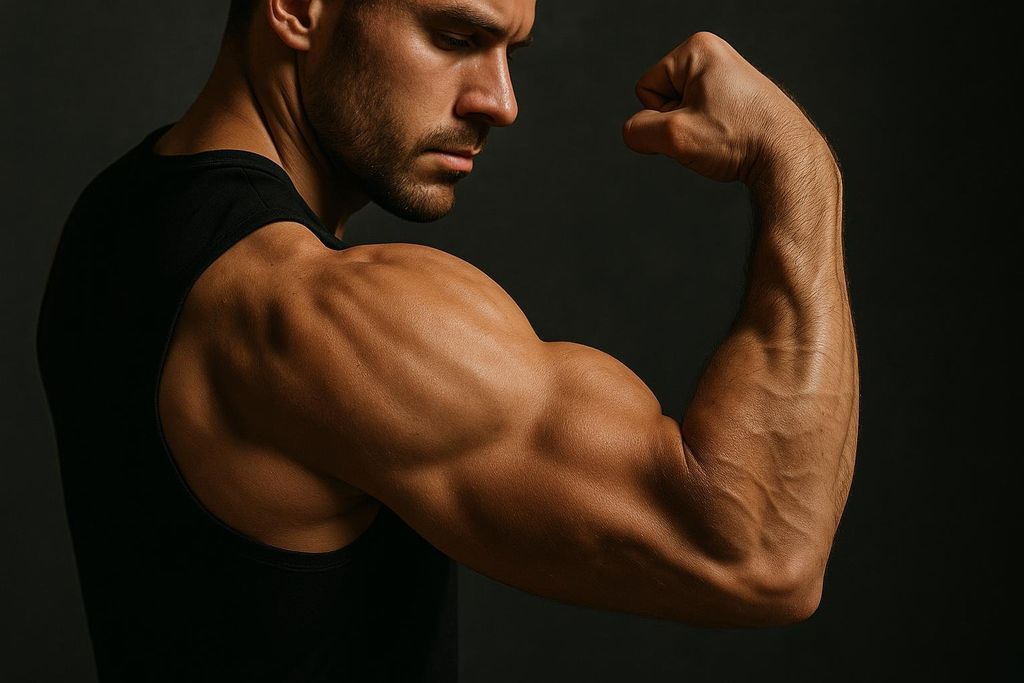 A close-up of a man's muscular arm and shoulder, with his bicep flexed. His face is visible in profile, looking down, set against a dark background.