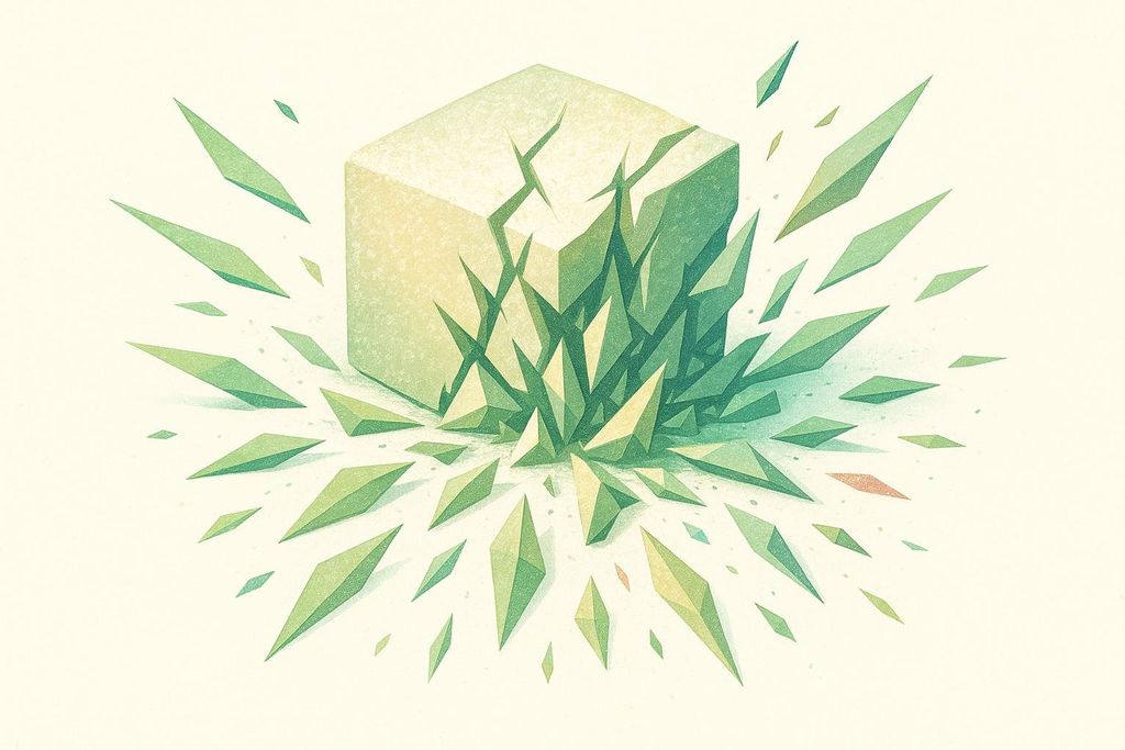 A stylized illustration of a pale yellow sugar block dissolving into many sharp, greenish crystal-like shards that scatter outwards.