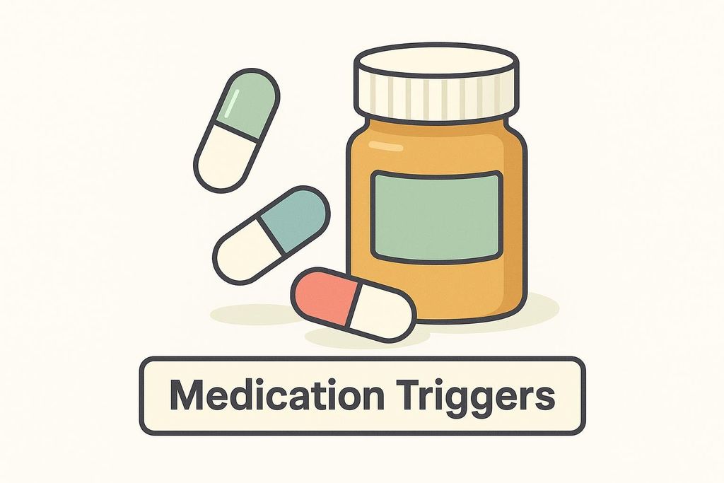 An illustration showing a brown pill bottle with a light green label and three capsules (one green and white, one blue and white, and one red and white) scattered around it. Below the illustration is a rectangular box with the text "Medication Triggers".