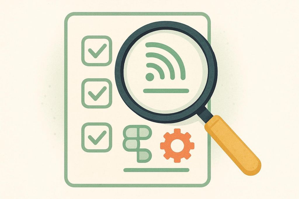 An illustration of a buyer's checklist for smart scale features, featuring a magnifying glass over a checklist with icons for Wi-Fi, body composition, and a gear.