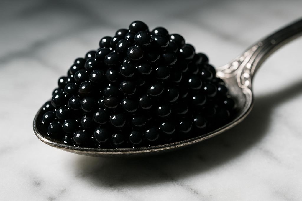 A close-up of a pile of shiny black caviar on an ornate silver spoon, resting on a white marble surface.