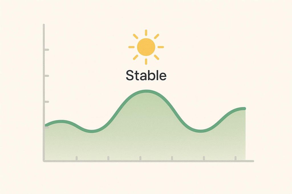 A line graph with a light green rolling wave representing stability. Above the wave, a yellow sun icon shines, and the word "Stable" is written in black text beneath it.