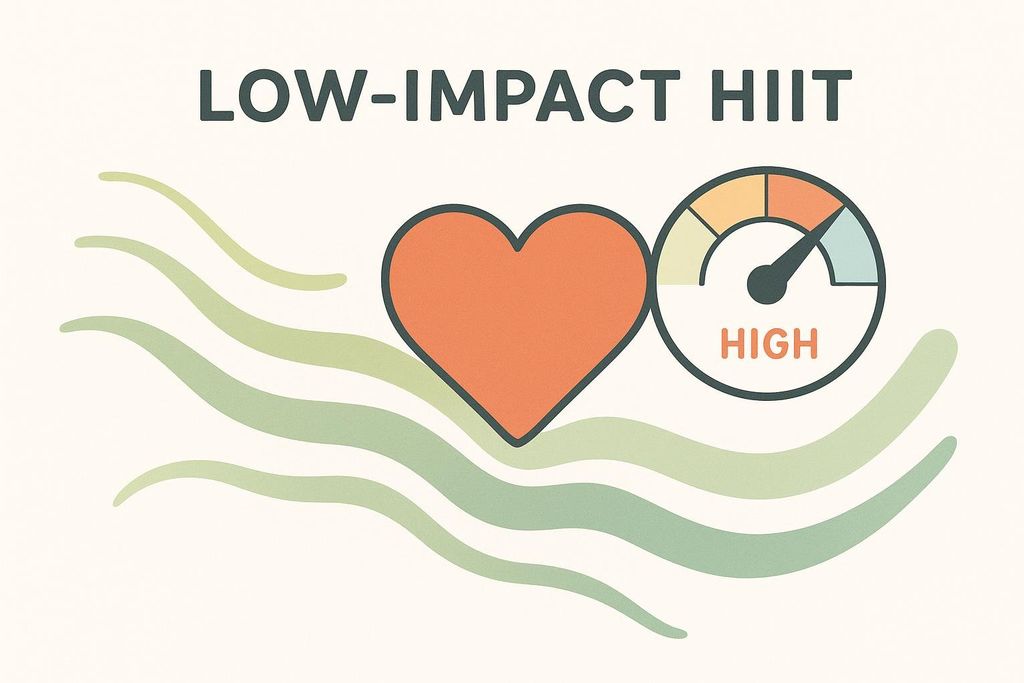 An illustration with the words "LOW-IMPACT HIIT" at the top. Below that is an orange heart next to a dial-shaped meter, which points to "HIGH" and has segments in yellow, orange, and blue. Green wavy lines emanate from behind the heart, some of which extend underneath it.