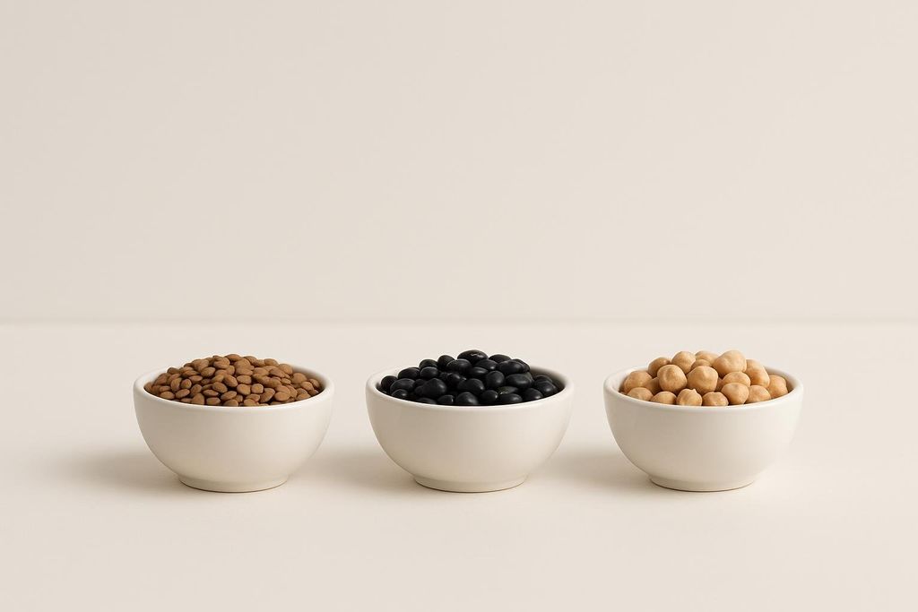 Three small white bowls, each containing a different pulse, displayed against a light background. From left to right: brown lentils, black beans, and chickpeas. These represent various healthy superfood options.