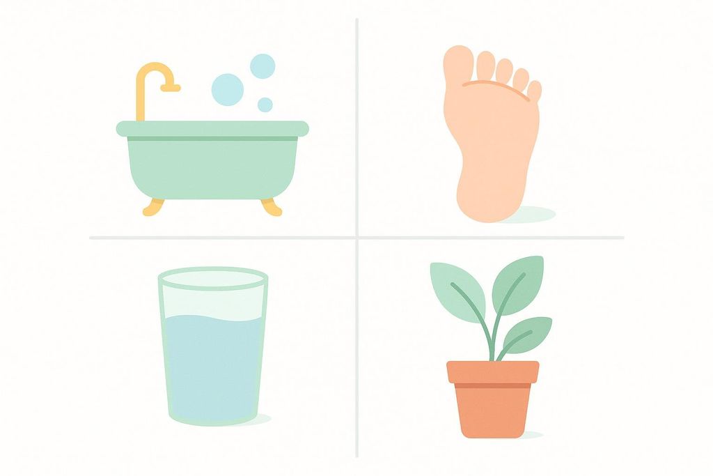 An infographic with four simple icons demonstrating the uses of Epsom salt: a bathtub with bubbles for bath soaks, a bare foot for foot soaks, a glass of water for oral use, and a potted plant for gardening.