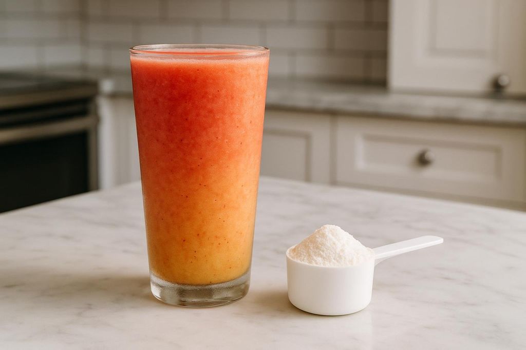 A vibrant, dual-layered fruit smoothie in a tall glass sits next to a white scoop filled with supplement powder, all on a light marble countertop in a kitchen.