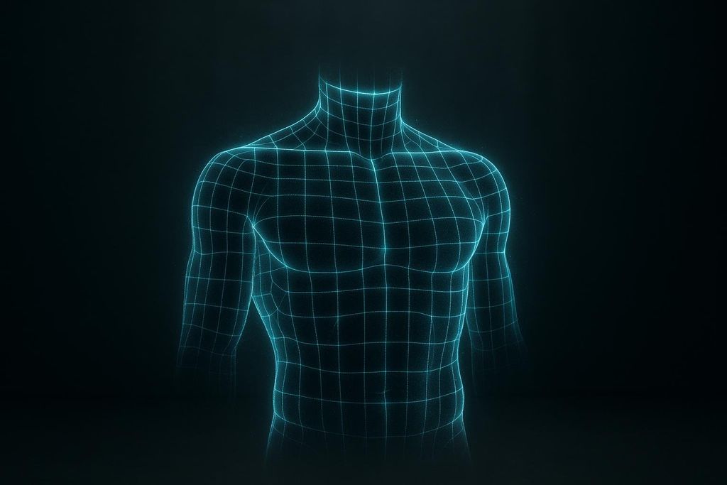 An abstract, blue holographic outline of a human torso with a grid pattern, representing high-tech medical scanning like DEXA or MRI.