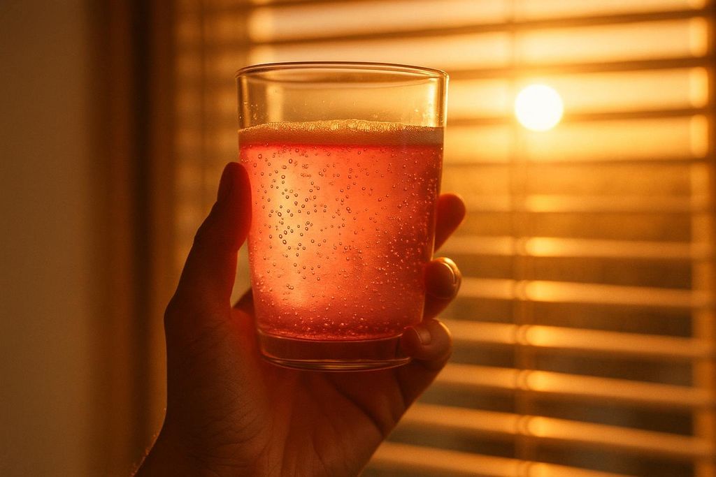 A hand holds a glass filled with a bubbly, pink drink, back-lit by the warm glow of the setting sun peeking through window blinds.