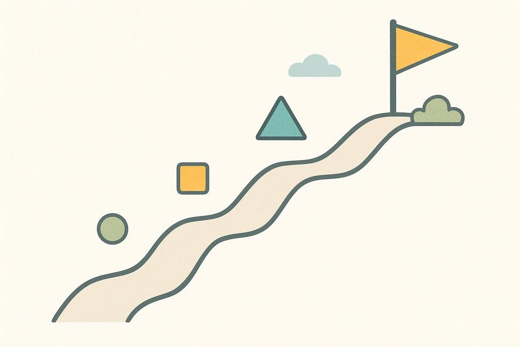 Simple illustration of a winding path with a green circle at the start, an orange square and teal triangle along the way, and an orange flag at the end, representing progress or a journey.