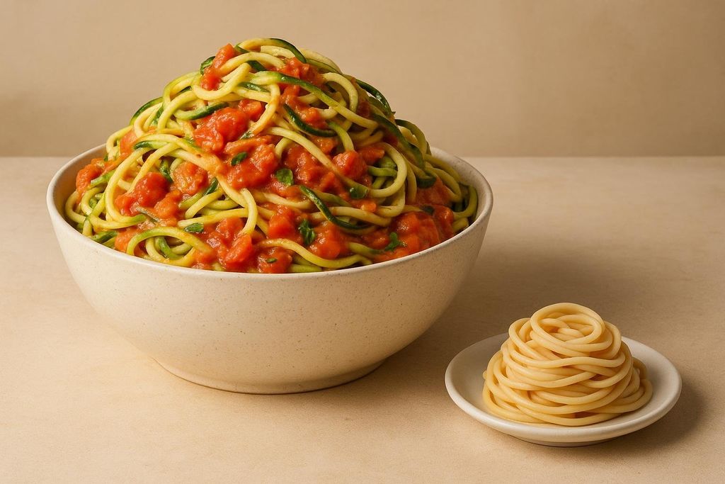 A large bowl overflows with zucchini noodles mixed with red sauce and green herbs. Next to it, on a small white plate, is a tiny, perfectly coiled portion of plain wheat pasta.