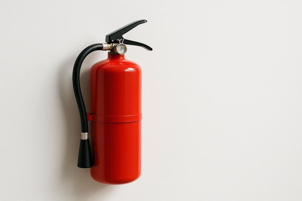 A bright red fire extinguisher with black hose and nozzle hanging on a plain light-colored wall. There is ample white space to the right of the extinguisher.