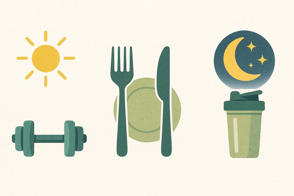 An illustration showing the timing of workouts, meals, and protein supplements throughout the day and night. From left to right, a sun with a dumbbell, a fork and knife over a plate, and a moon and stars over a protein shaker bottle.