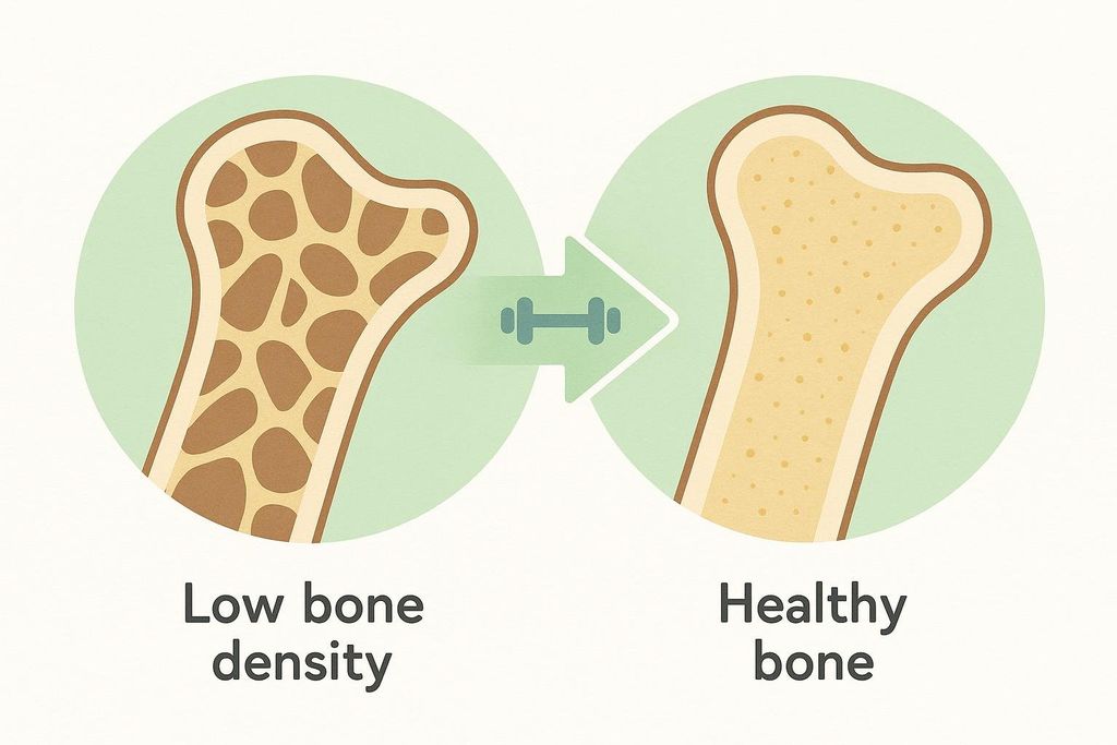Illustration showing how weight training can help improve bone density, transitioning from a porous to a dense bone structure.