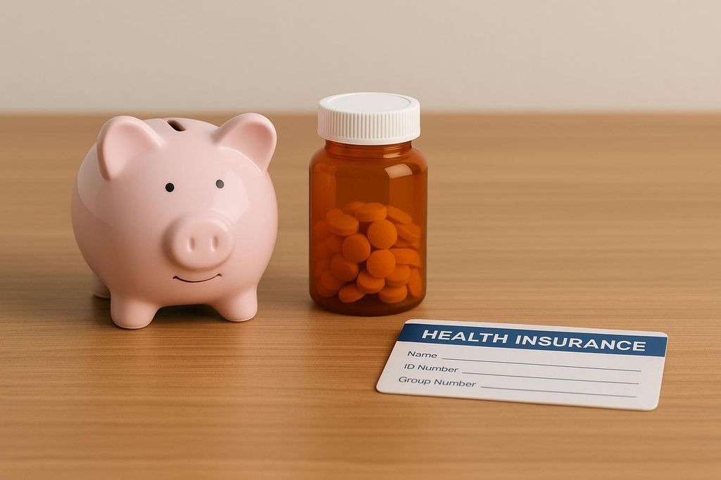 A pink piggy bank, a brown prescription bottle filled with orange pills, and a generic health insurance card on a wooden table, symbolizing the cost and coverage of medication.