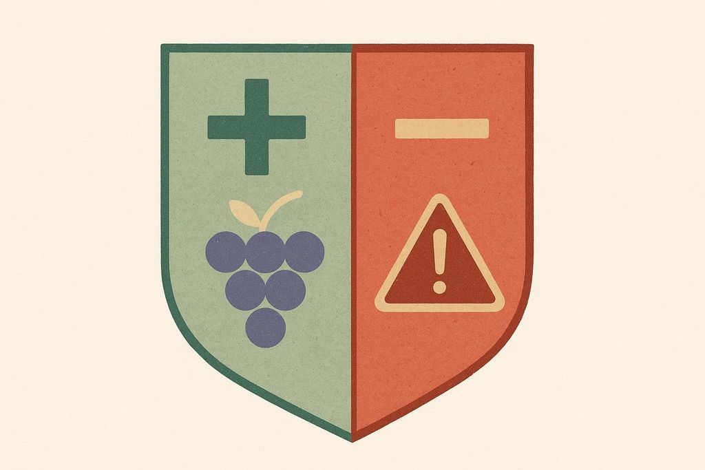 An illustration of a shield divided into two halves. The left, green half displays a plus sign and a bunch of grapes, representing the pros of wine. The right, red half shows a minus sign and a warning sign, symbolizing the cons of wine consumption.