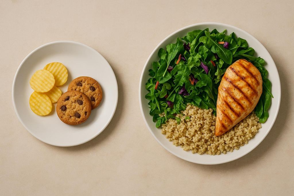 A small plate on the left holds a few potato chips and two chocolate chip cookies. A large plate on the right holds a grilled chicken breast, a bed of quinoa, and a generous portion of mixed green salad, illustrating a comparison between processed and unprocessed food options.