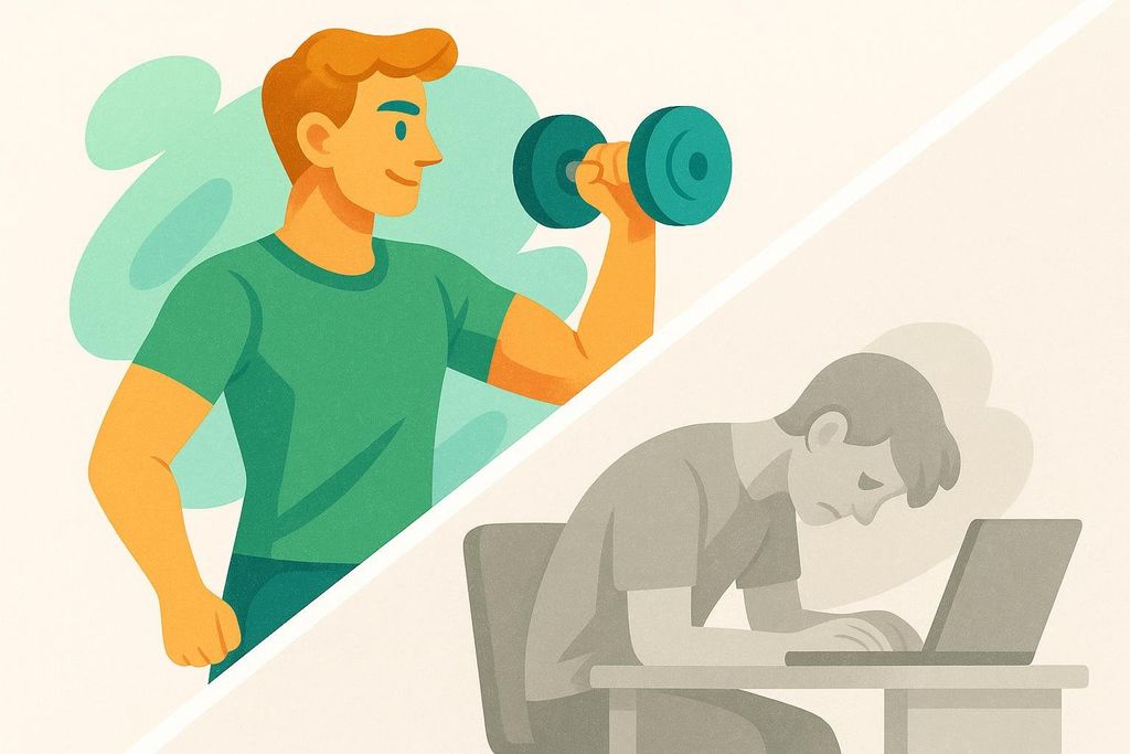 An illustration contrasting a vibrant, active person lifting weights with a monochrome, inactive person slumped over a laptop at a desk.