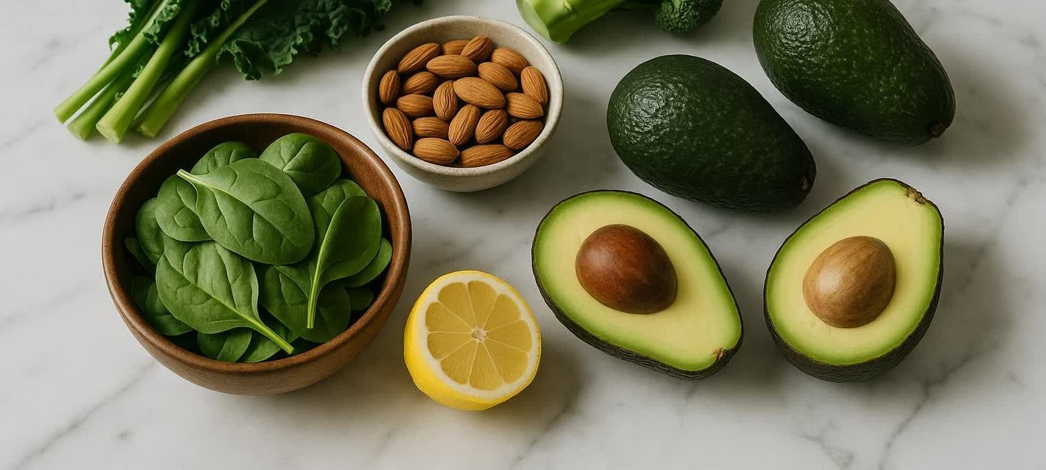 A variety of vibrant and fresh whole foods, including avocados (one sliced open), spinach in a wooden bowl, almonds in a ceramic bowl, kale, broccoli, and a cut lemon, all arranged neatly on a white marble surface.