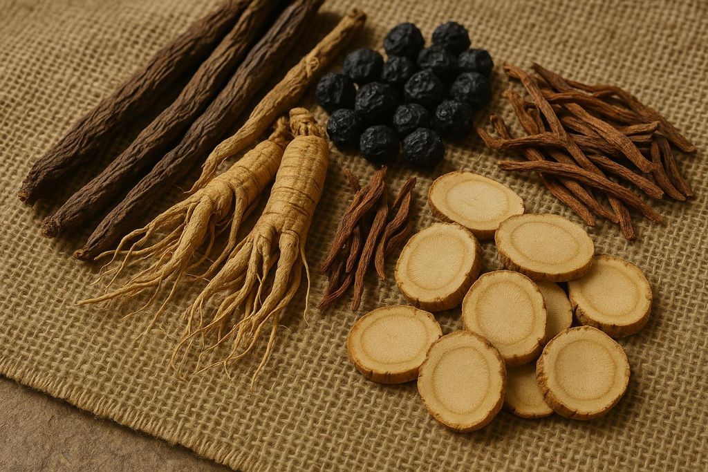 Assorted traditional medicinal adaptogens and roots laid out across woven burlap. The collection includes whole ginseng roots, dried dark berries, sliced light-colored roots, and other various dried root segments.