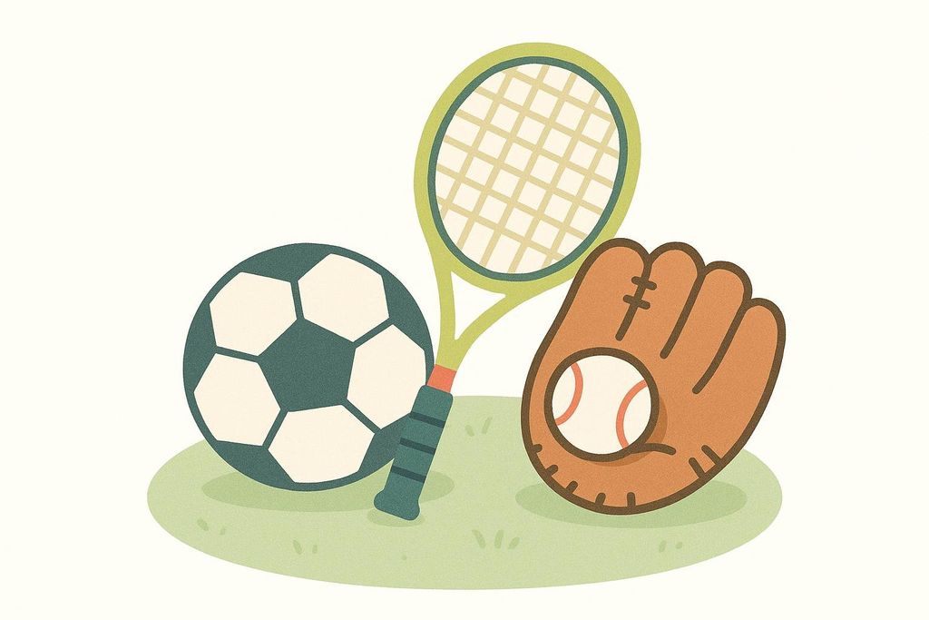 Graphic grouping a soccer ball, tennis racket, and baseball glove to represent diverse sporting activities.