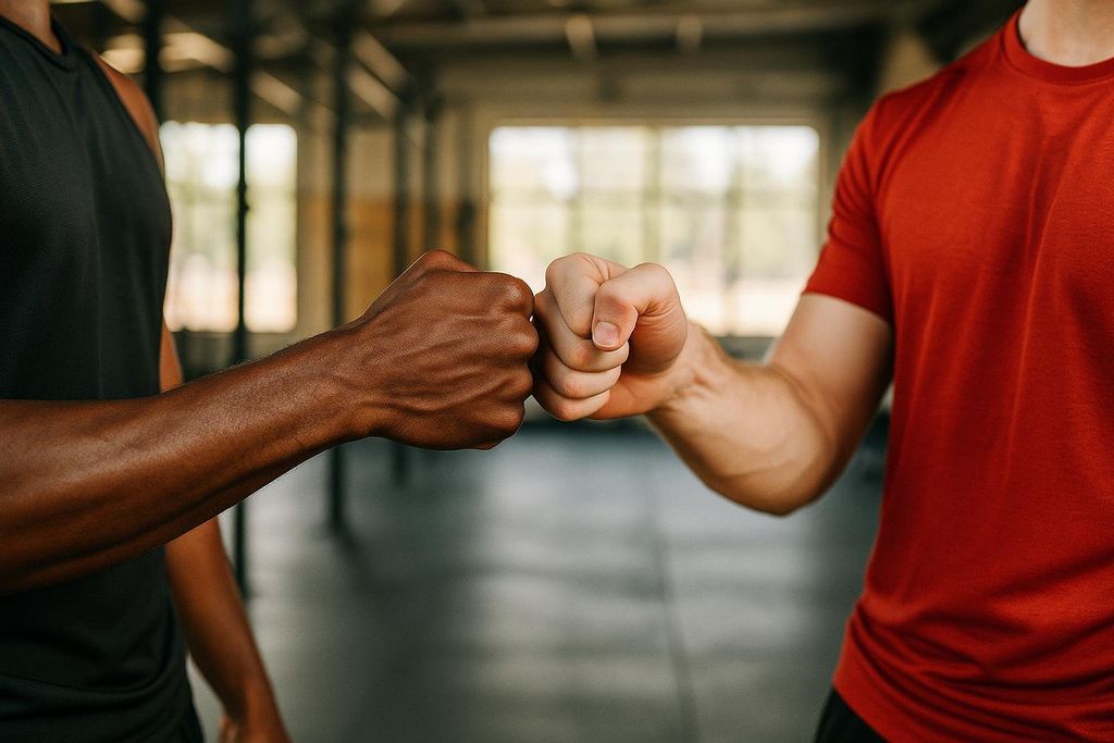 Close up of two athletes, one with darker skin and wearing a black tank top and the other with lighter skin and wearing a red t-shirt, fist bumping in a gym. Their fists meet in the center of the frame, symbolizing support and camaraderie.
