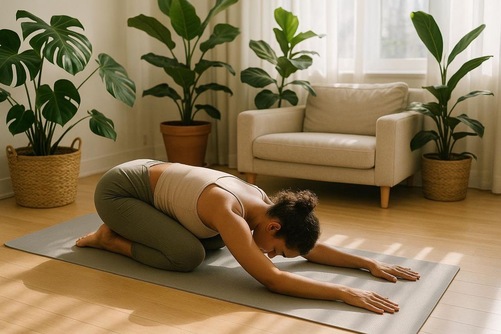 Person doing gentle yoga in a bright, naturally lit room