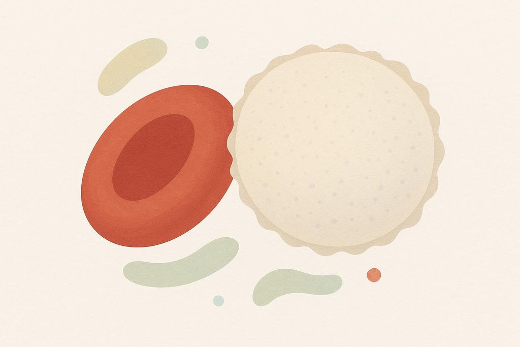 An abstract illustration depicting a red blood cell as a reddish-orange, donut-shaped object and a white blood cell as a textured, pale yellow, somewhat ruffled circular object, set against a light background with subtle, organic shapes in greens and blues.