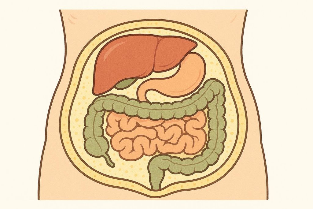 Stylized illustration of visceral fat surrounding internal organs in an abdominal cross-section. The organs depicted include the liver, stomach, small intestine, and large intestine.