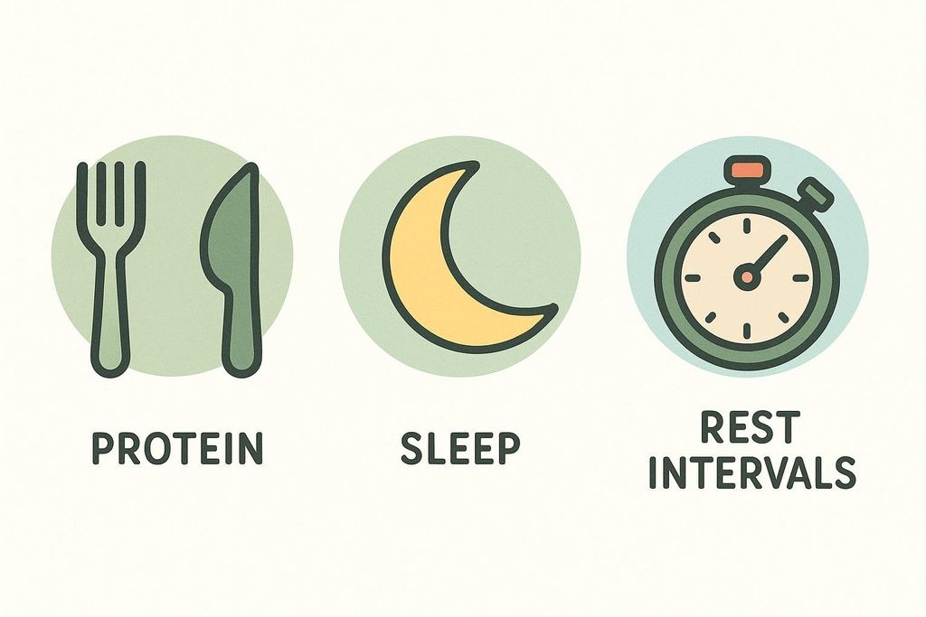 Icons illustrating key recovery factors for muscle growth: a fork and knife for protein, a crescent moon for sleep, and a stopwatch for rest intervals, all labeled with their respective terms.