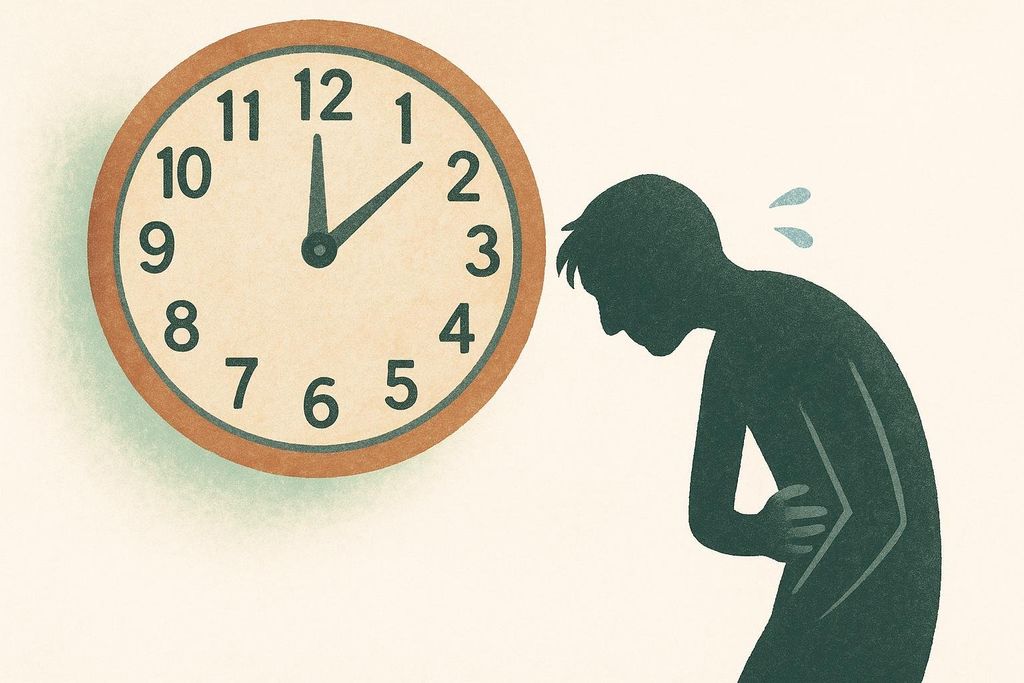 Illustration of a person hunched over, holding their stomach and appearing to be in pain or discomfort, while a clock with hands pointing near 1 o'clock is visible in the background, symbolizing the long wait and hunger during a fasting period, such as with an OMAD diet.