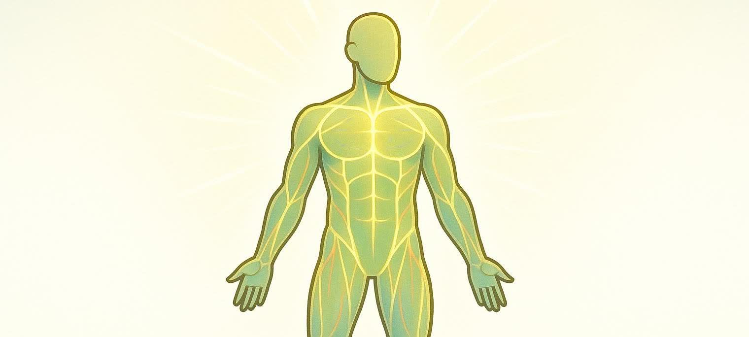 An artistic rendering of a human figure with glowing muscle lines, symbolizing the concept of reaching one's genetic muscle-building potential, set against a light background with subtle rays of light emanating from the figure.