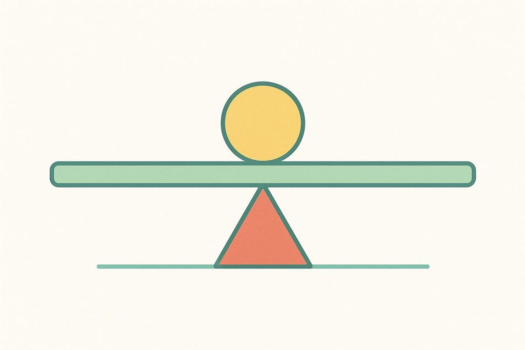 A stylized seesaw balancing perfectly to represent balance and coordination. A yellow circle rests on a green board, which is supported by an orange triangle.