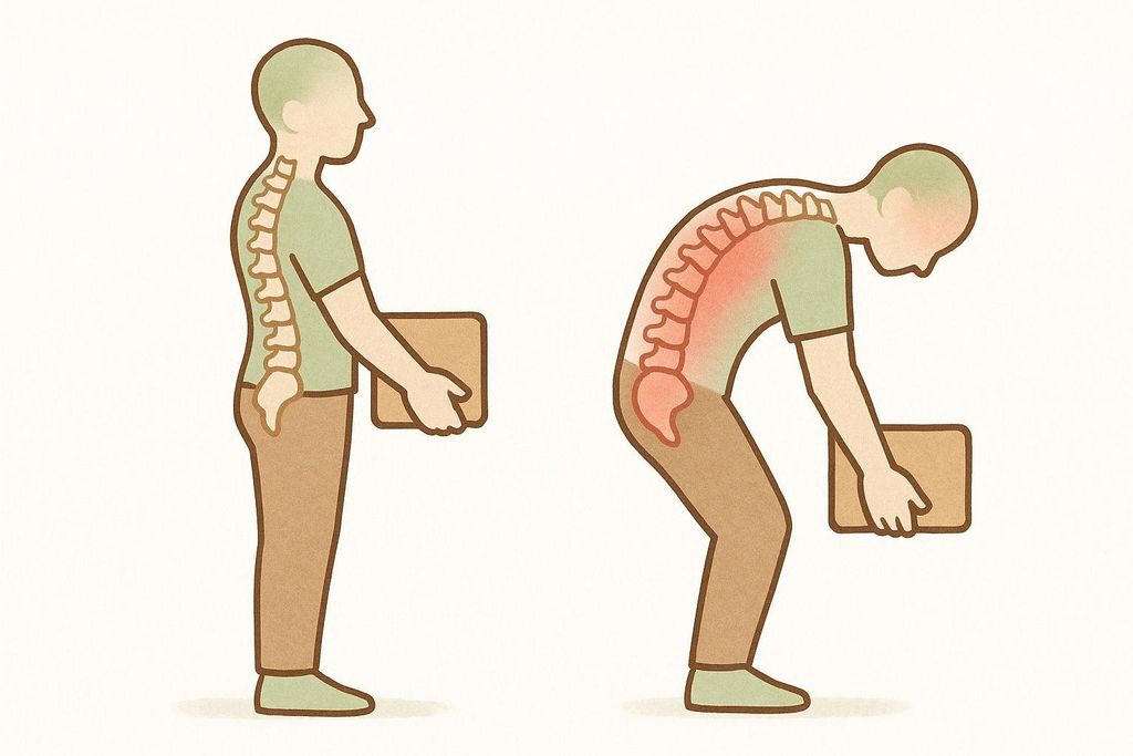 Illustration contrasting safe spine alignment while standing straight with a box versus risky deep spine flexion with the box, highlighting stressed areas in red.