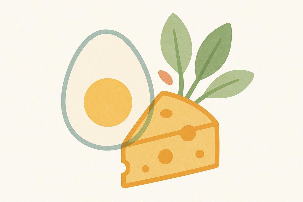 An illustrated grouping showing healthy vegetarian protein sources: a sliced hard-boiled egg and a wedge of Swiss cheese with spinach leaves.